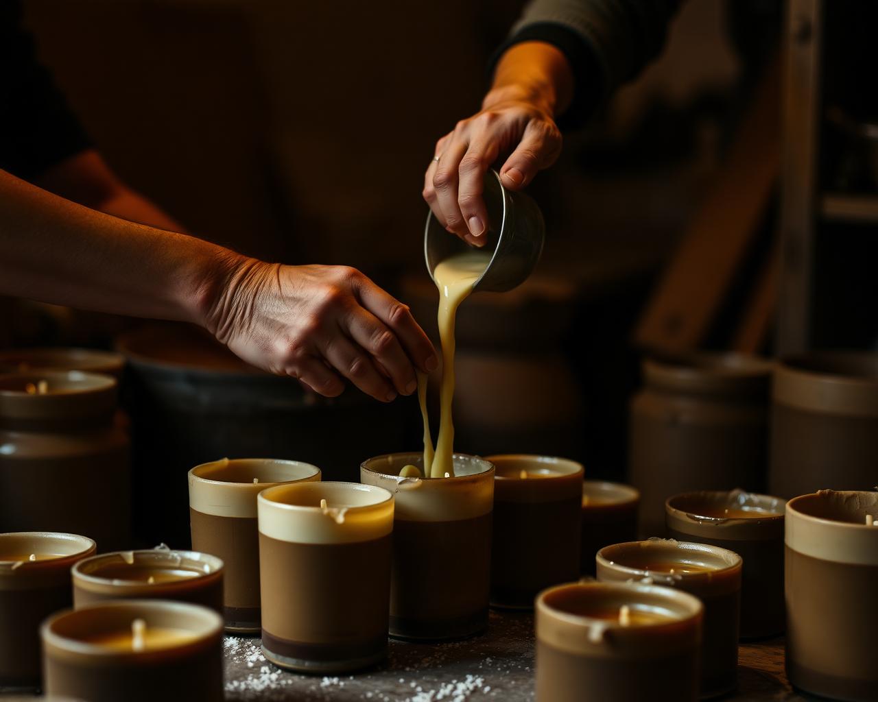 Wax being hand-poured into candle vessels in the Enzo Lux workshop