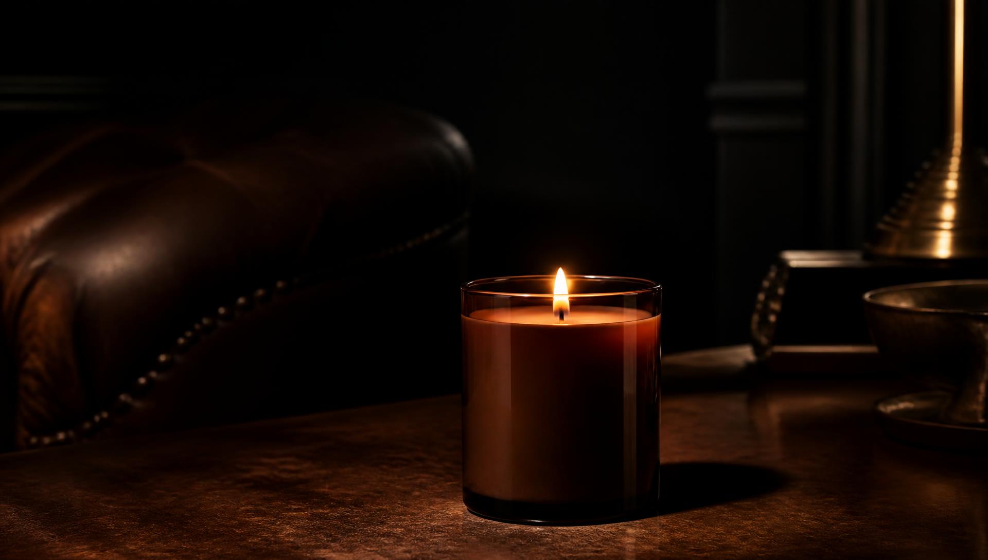 A lit Enzo Lux candle on a warm tobacco-brown surface in a dark room